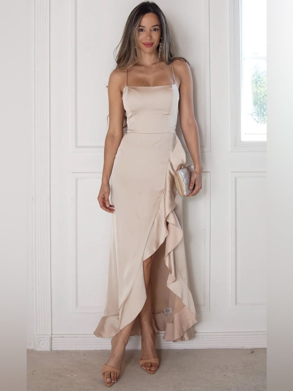 Dress Forum Champagne Satin Lace-Up Back Ruffle Maxi Dress Size M - Picture 3 of 16